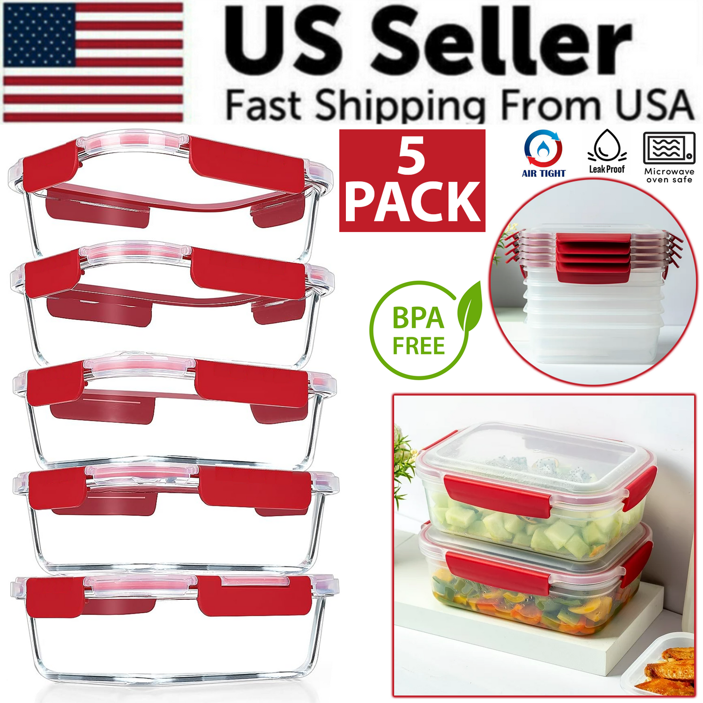 5 Pack Stackable Food Storage Containers Airtight & Leakproof Set Snap