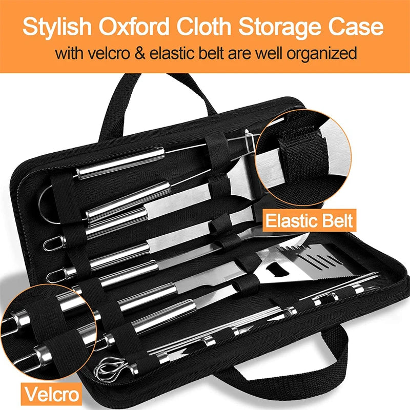 LMETJMA 20Pcs BBQ Grill Tools Set Stainless Steel Heavy Duty Grilling Accessories Kit Grill Utensils Set with Canvas Bag JT49