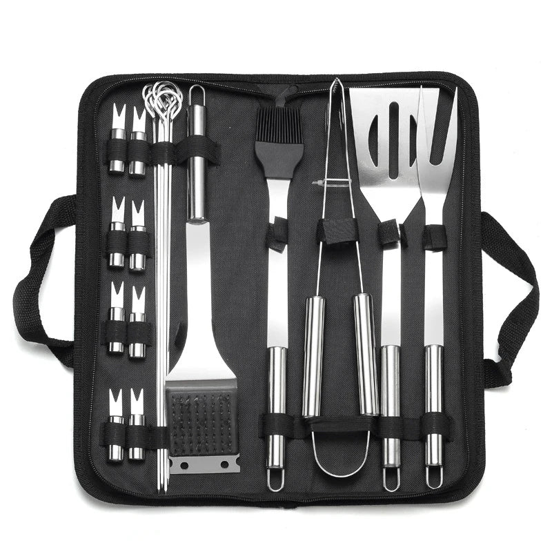 LMETJMA 20Pcs BBQ Grill Tools Set Stainless Steel Heavy Duty Grilling Accessories Kit Grill Utensils Set with Canvas Bag JT49