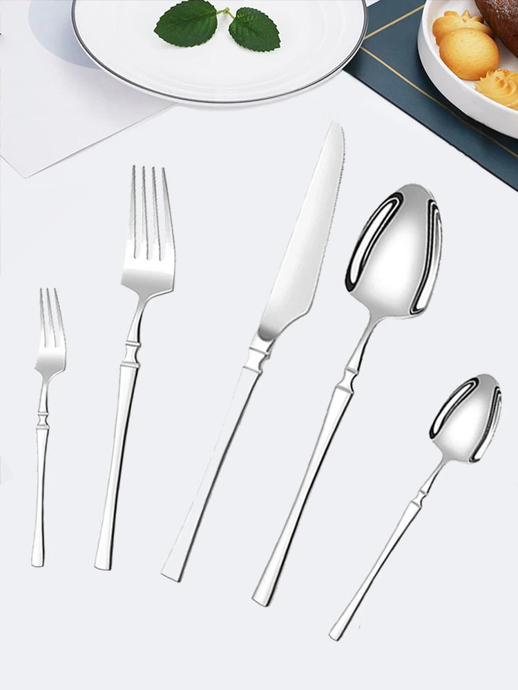 20/30pcs stainless steel advanced silver tableware set, including knife and spork, suitable for kitchen and restaurant.
