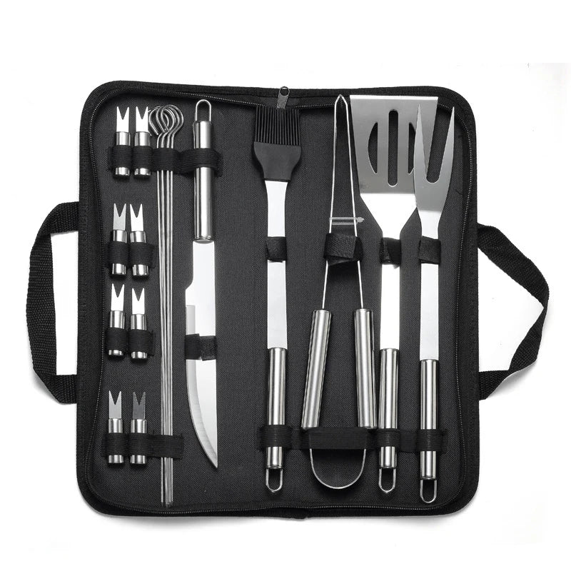 LMETJMA 20Pcs BBQ Grill Tools Set Stainless Steel Heavy Duty Grilling Accessories Kit Grill Utensils Set with Canvas Bag JT49